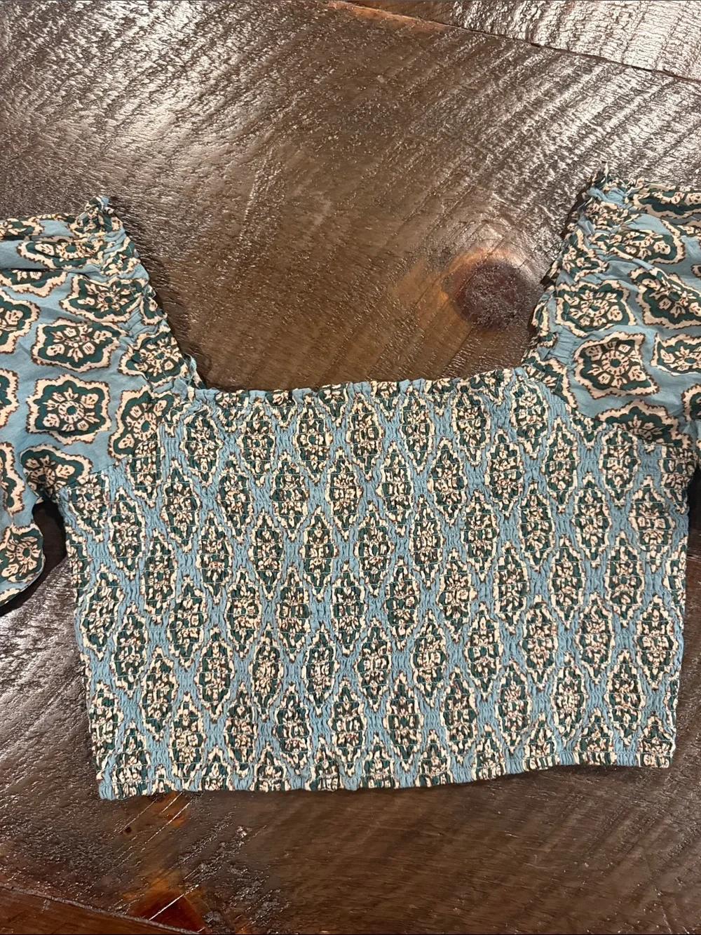 Zara Teal Patterned Smocked Crop Top with Puff Sleeves